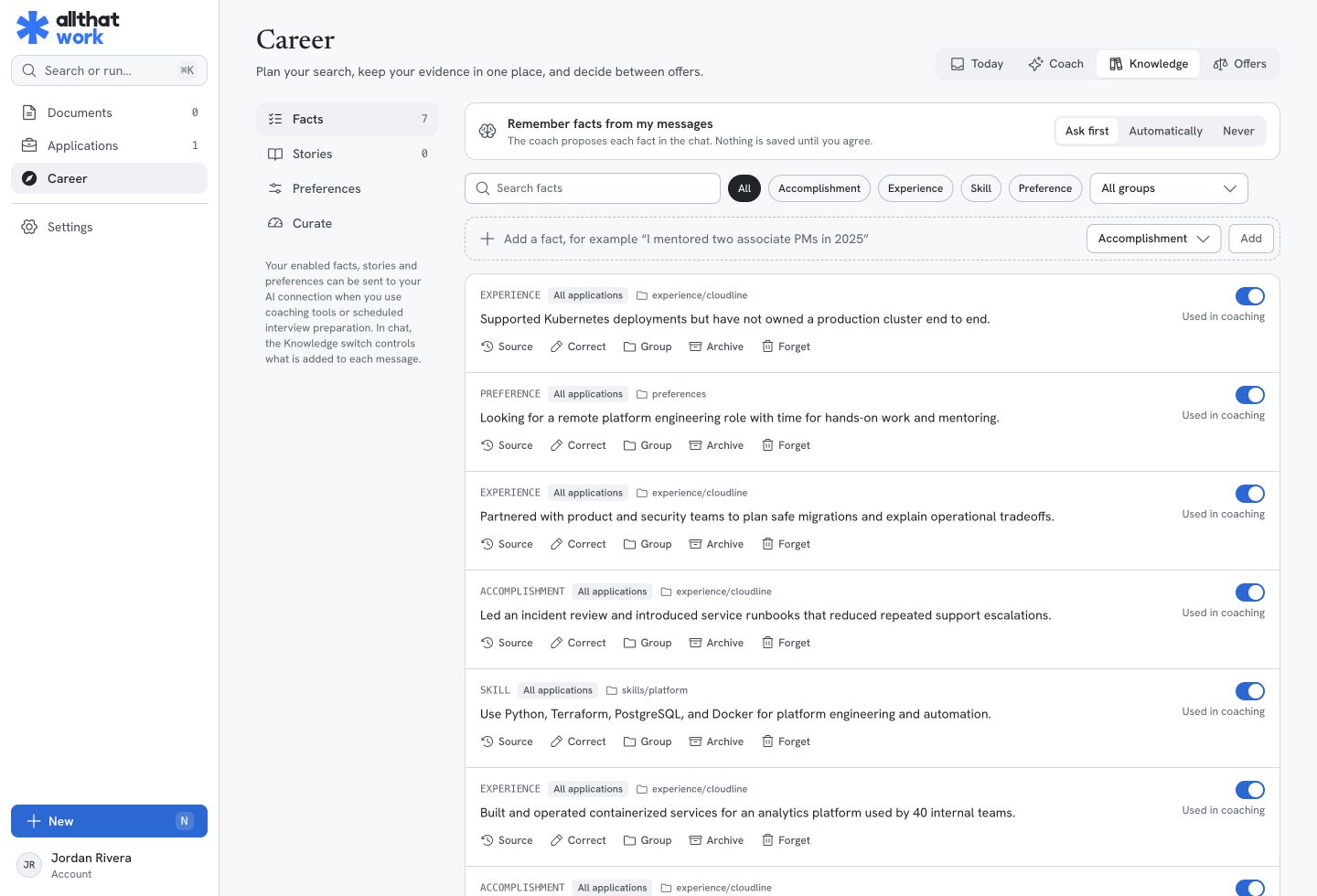 Career knowledge screen with fictional accomplishments, experience, skills, and preferences