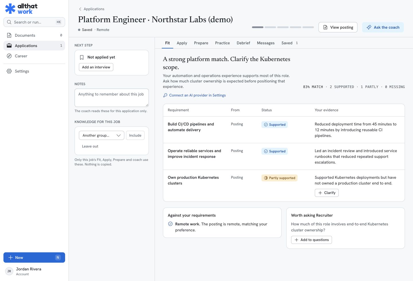 All That Work AI job fit screen matching demo career evidence to a platform engineering role